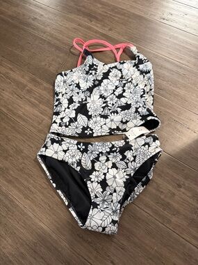 GAP Girls Black & White Floral Tankini with Pink Straps